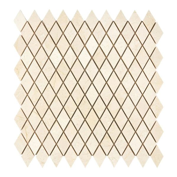 Diamond-patterned beige mosaic tile sheet from Crema Marfil Marble collection