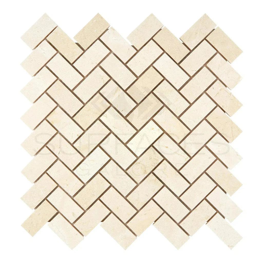 Herringbone pattern showcasing Crema Marfil Marble 1X2 Mosaic in polished finish