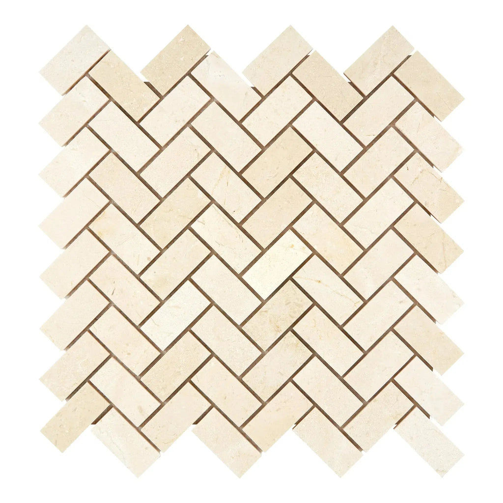 Beige herringbone tile pattern in Crema Marfil Marble 1X2 Mosaic Polished or Honed