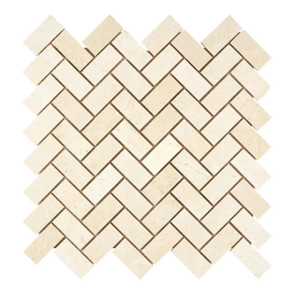 Beige herringbone tile pattern in Crema Marfil Marble 1X2 Mosaic Polished or Honed