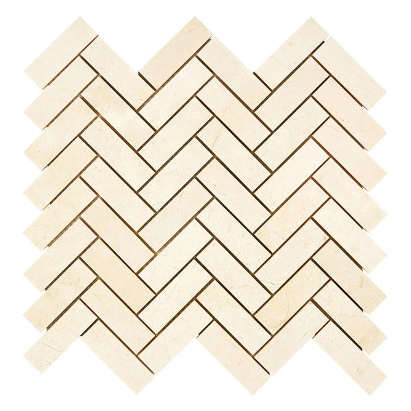 Crema Marfil Marble 1X3 Herringbone Mosaic showcasing light-colored tile pattern