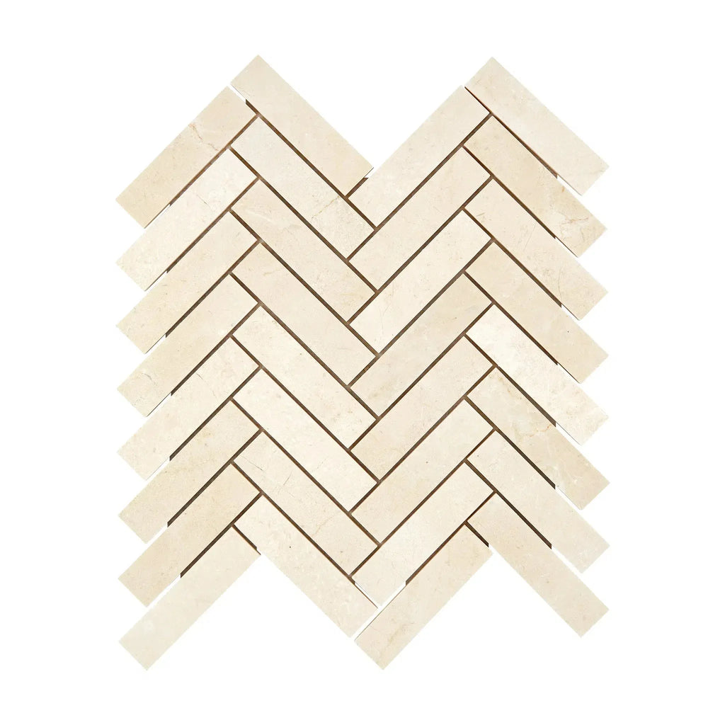 Crema Marfil Marble 1X4 Herringbone Mosaic in polished or honed finish showcasing elegance