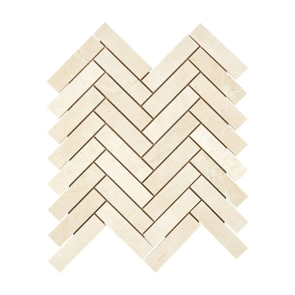 Crema Marfil Marble 1X4 Herringbone Mosaic in polished or honed finish showcasing elegance