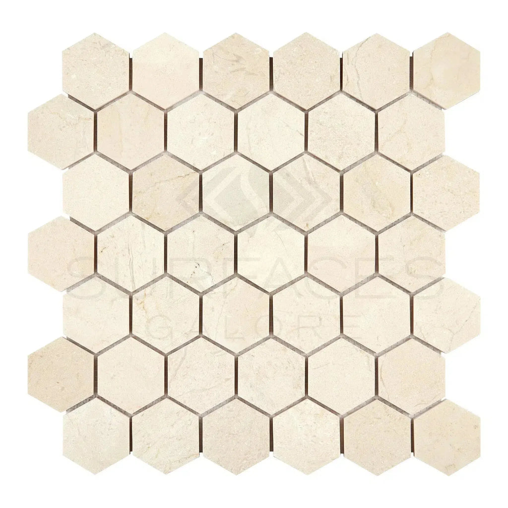 Beige hexagon tile mosaic of Crema Marfil Marble in polished and honed finishes