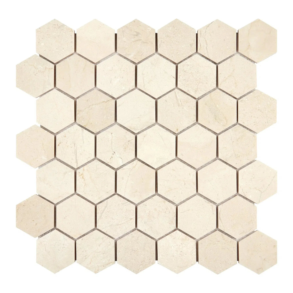 Beige hexagon tile mosaic of Crema Marfil Marble in polished or honed finish