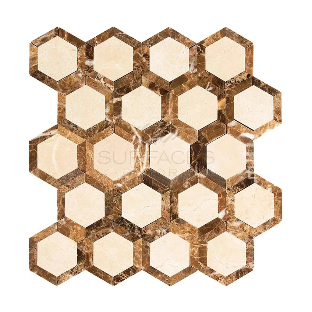 Hexagonal Crema Marfil Marble Vortex tile with Emperador Dark polished finish