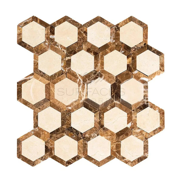 Hexagonal Crema Marfil Marble Vortex tile with Emperador Dark polished finish