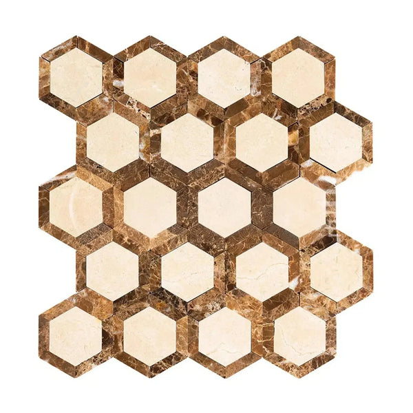 Hexagonal marble and cream tile mosaic in Crema Marfil Marble Vortex design