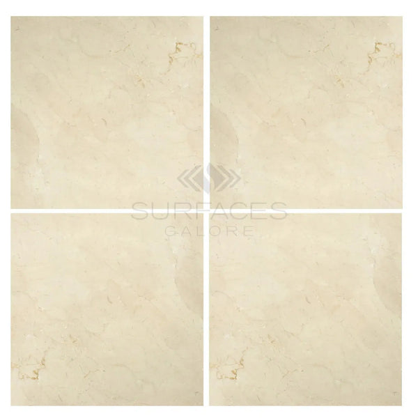 Four beige Crema Marfil Marble tiles, polished or honed, 24X24 in size