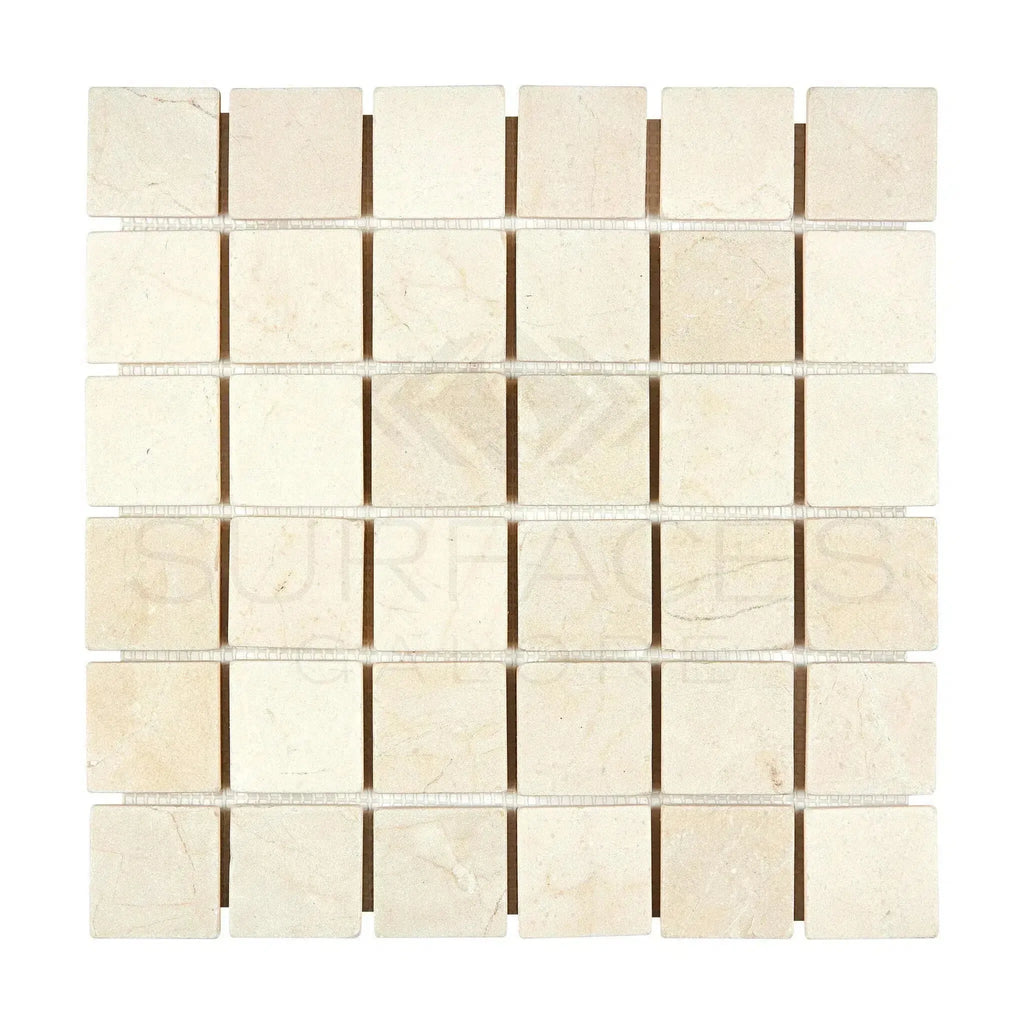 Crema Marfil Marble 2X2 Mosaic Tumbled Square Mosaic Tile Sheet Display