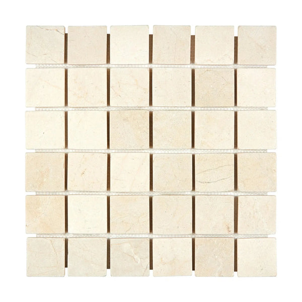 Beige square mosaic tile sheet from Crema Marfil Marble 2X2 Mosaic Tumbled collection