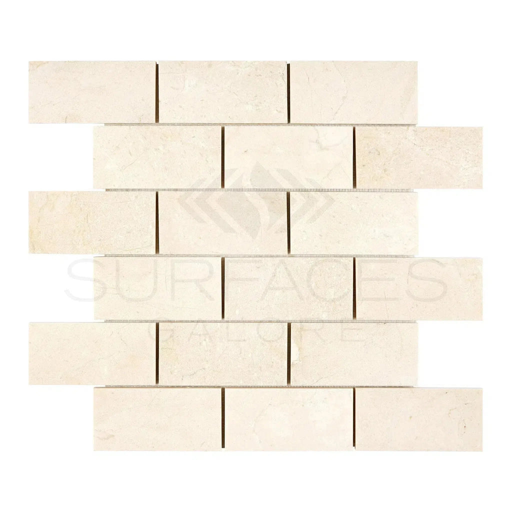 Crema Marfil Marble 2X4 Brick Mosaic in polished or honed beige brick-patterned tile