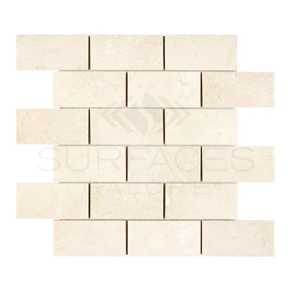 Crema Marfil Marble 2X4 Brick Mosaic in polished or honed beige brick-patterned tile