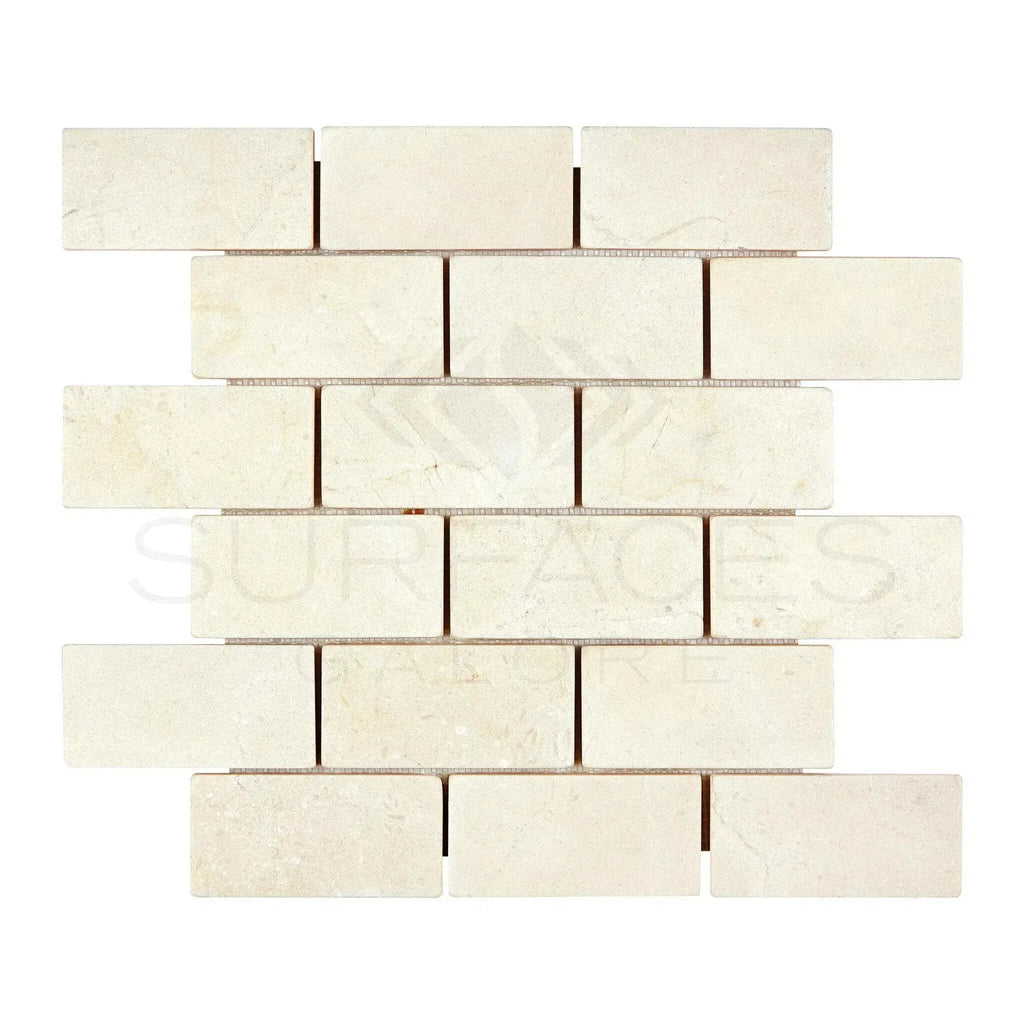 Rectangular off-white Crema Marfil Marble 2X4 brick mosaic tile for elegant decor