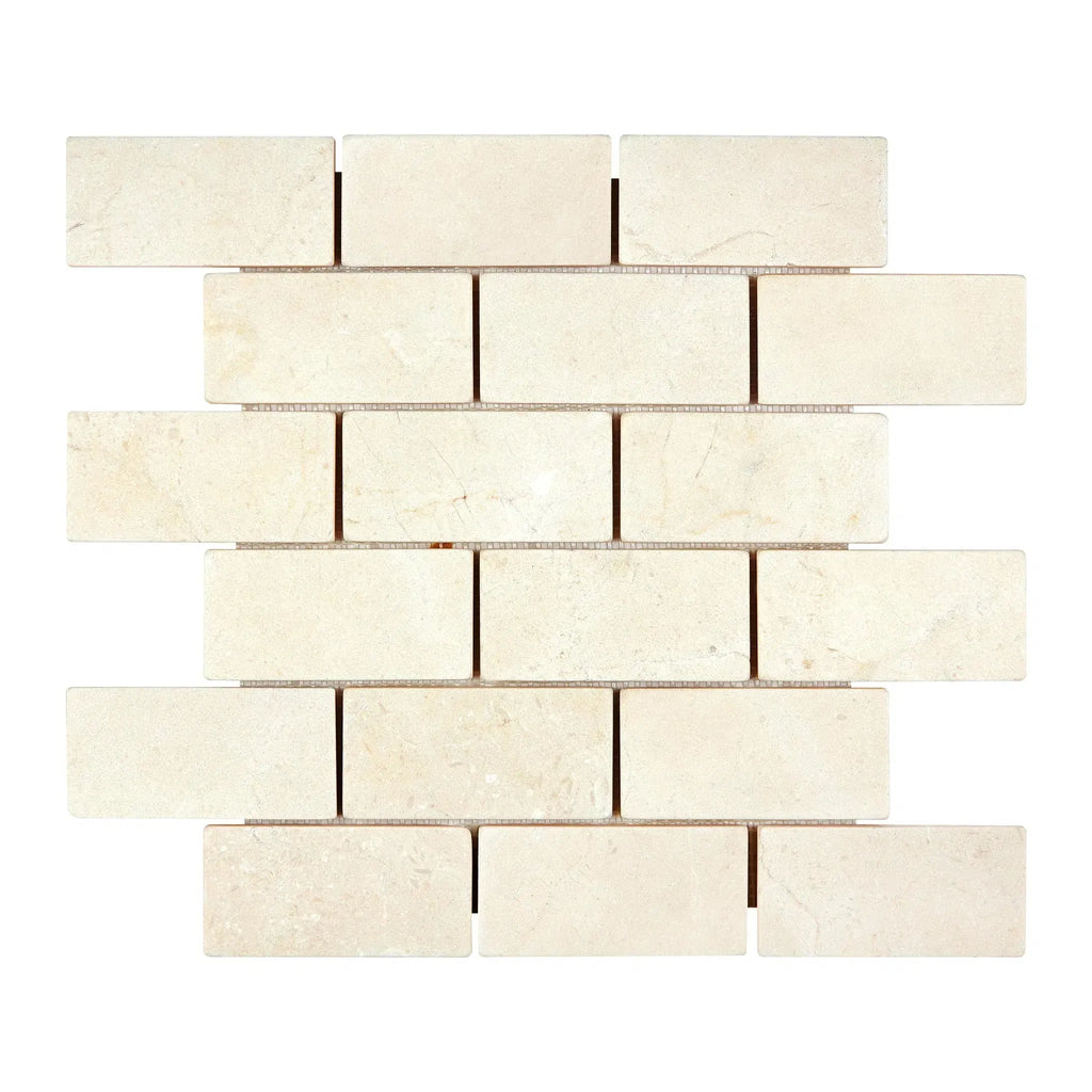 Beige Brick Mosaic Tile from Crema Marfil Marble 2X4 Brick Mosaic Tumbled Collection