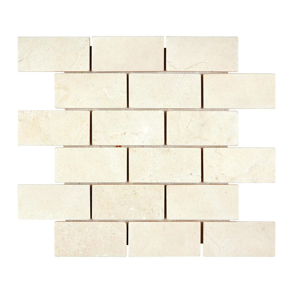 Beige Brick Mosaic Tile from Crema Marfil Marble 2X4 Brick Mosaic Tumbled Collection