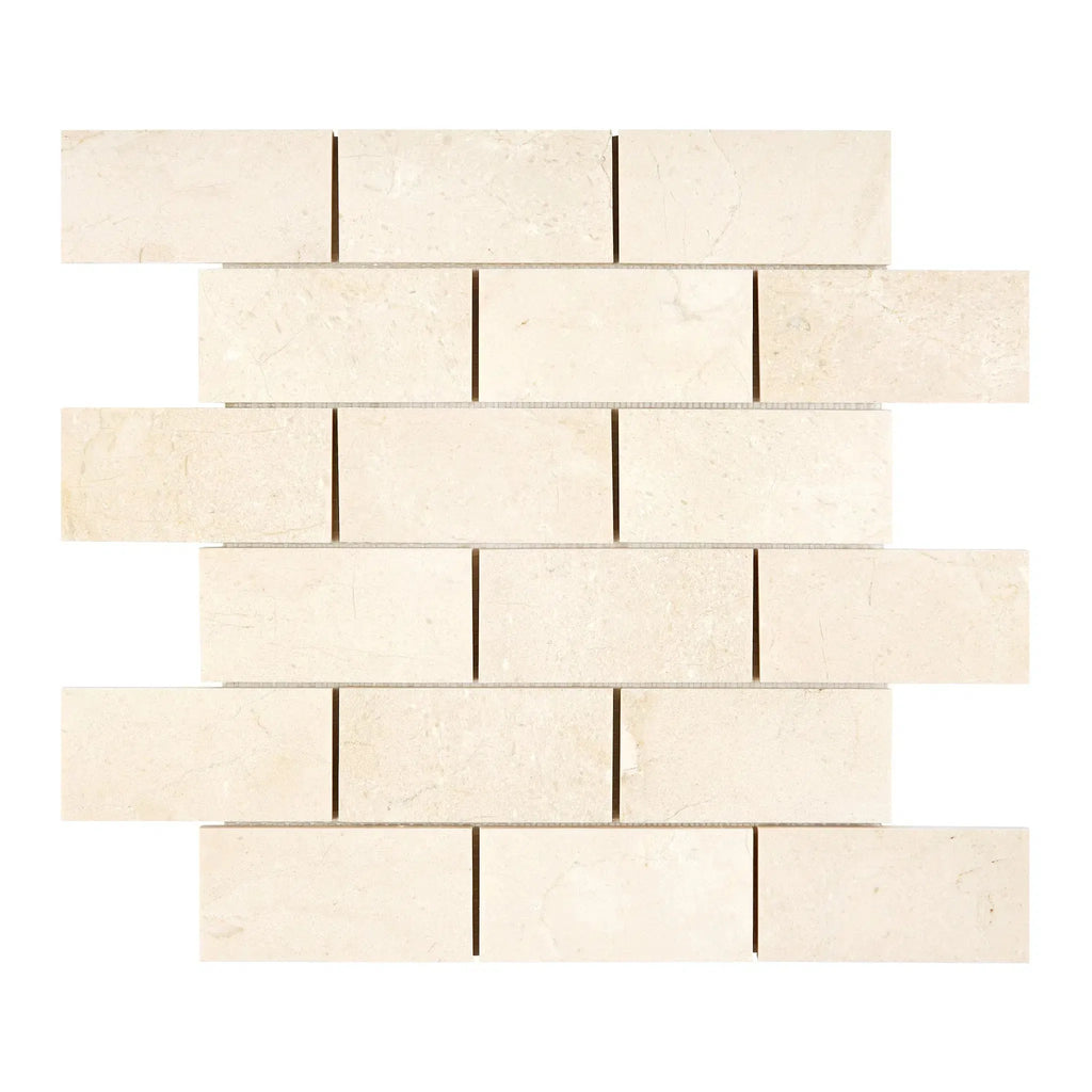 Rectangular beige brick mosaic featuring Crema Marfil Marble in polished-honed finish