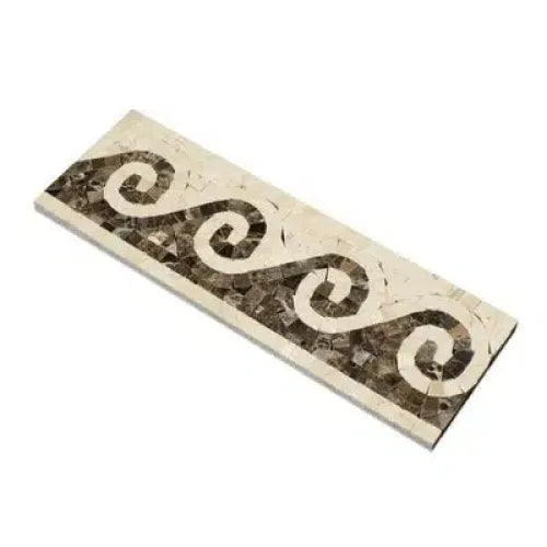 Mosaic tile border featuring a wave pattern in Crema Marfil marble polished design