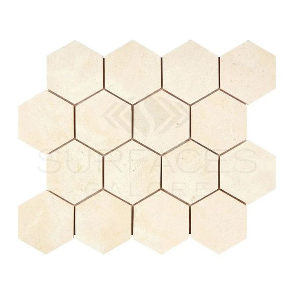 Beige hexagonal tile mosaic of Crema Marfil Marble in polished and honed finishes