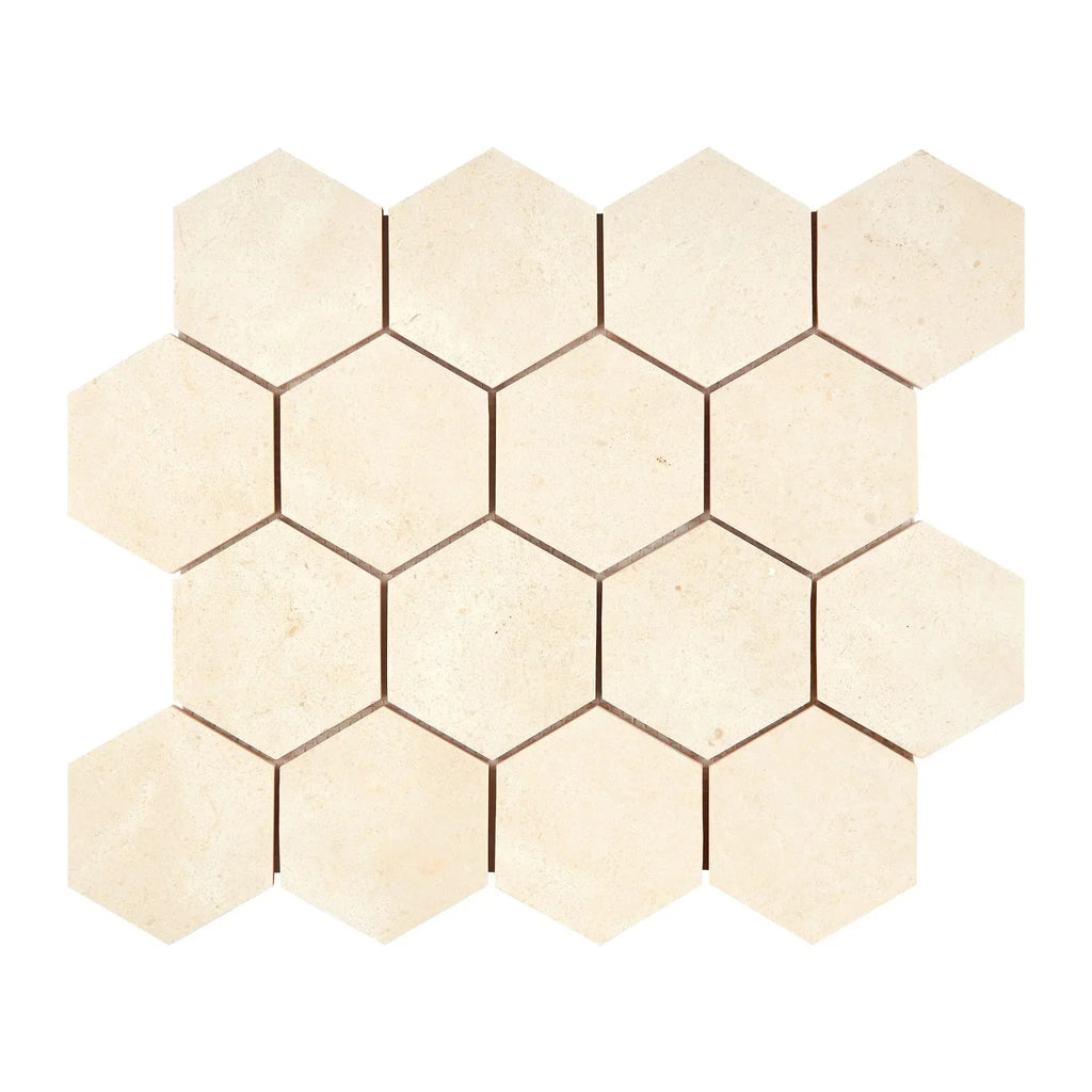 Beige hexagonal tile mosaic of Crema Marfil Marble 3 inch polished or honed finish