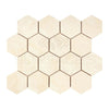 Beige hexagonal tile mosaic of Crema Marfil Marble in 3-inch tumbled format