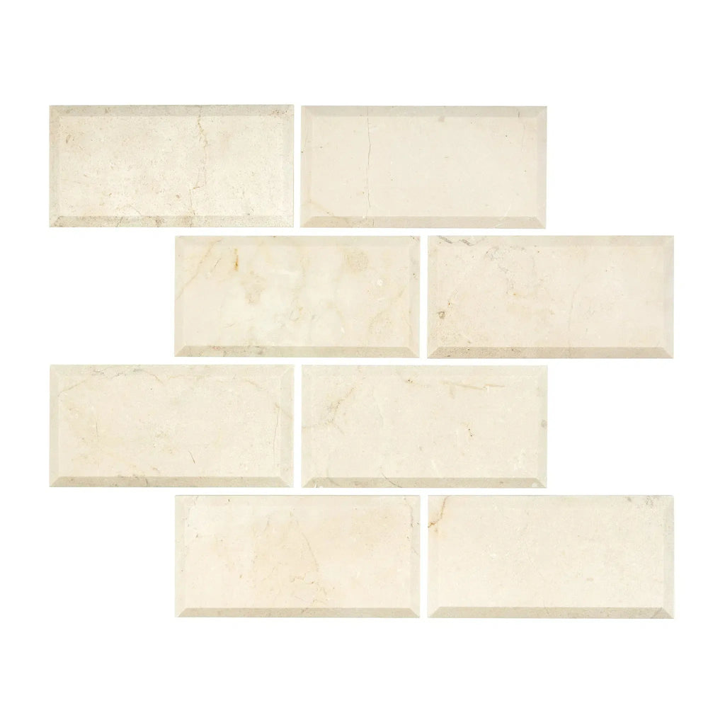 Beveled cream-colored brick tiles from Crema Marfil Marble 3X6 Deep-Beveled collection