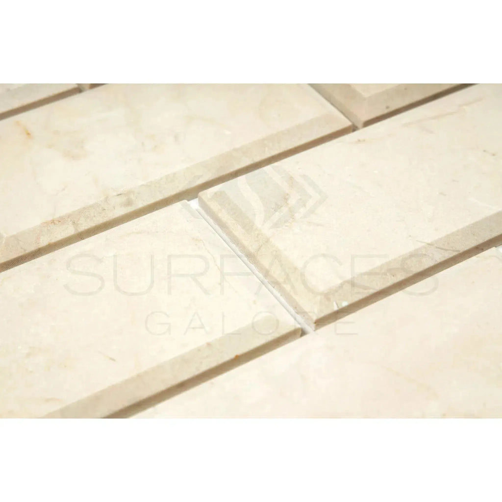 Rectangular beige Crema Marfil Marble 3X6 Deep-Beveled Polished-Honed stone tiles