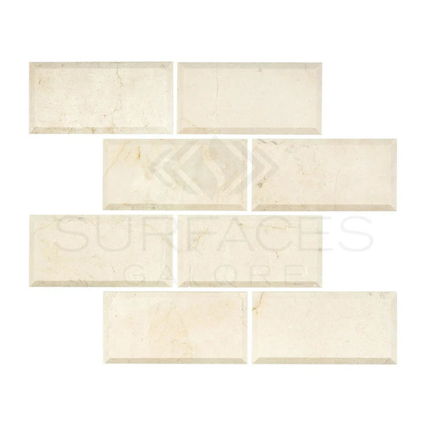 Beveled cream-colored rectangular Crema Marfil Marble tiles in polished or honed finish