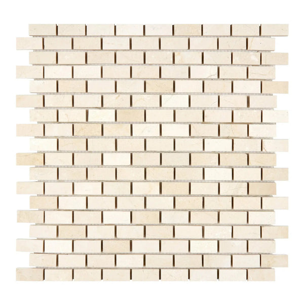 Beige brick mosaic tile from Crema Marfil Marble 5/8X1 1/4 Mini-Brick Mosaic