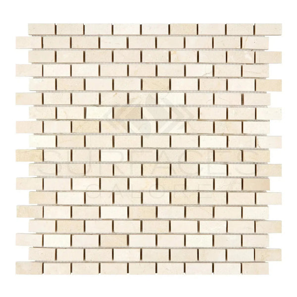 Beige brick mosaic tile in Crema Marfil Marble 5/8X1 1/4 Mini-Brick Mosaic