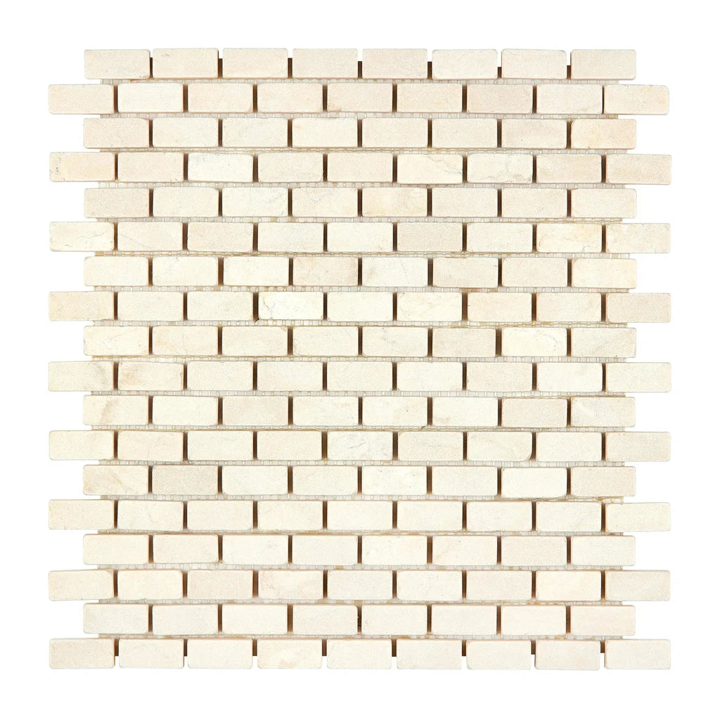 Beige brick mosaic tile in Crema Marfil Marble 5/8X1 1/4 Mini-Brick Mosaic Tumbled