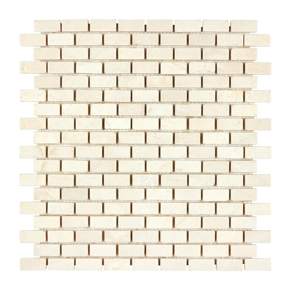 Beige brick mosaic tile in Crema Marfil Marble 5/8X1 1/4 Mini-Brick Mosaic Tumbled