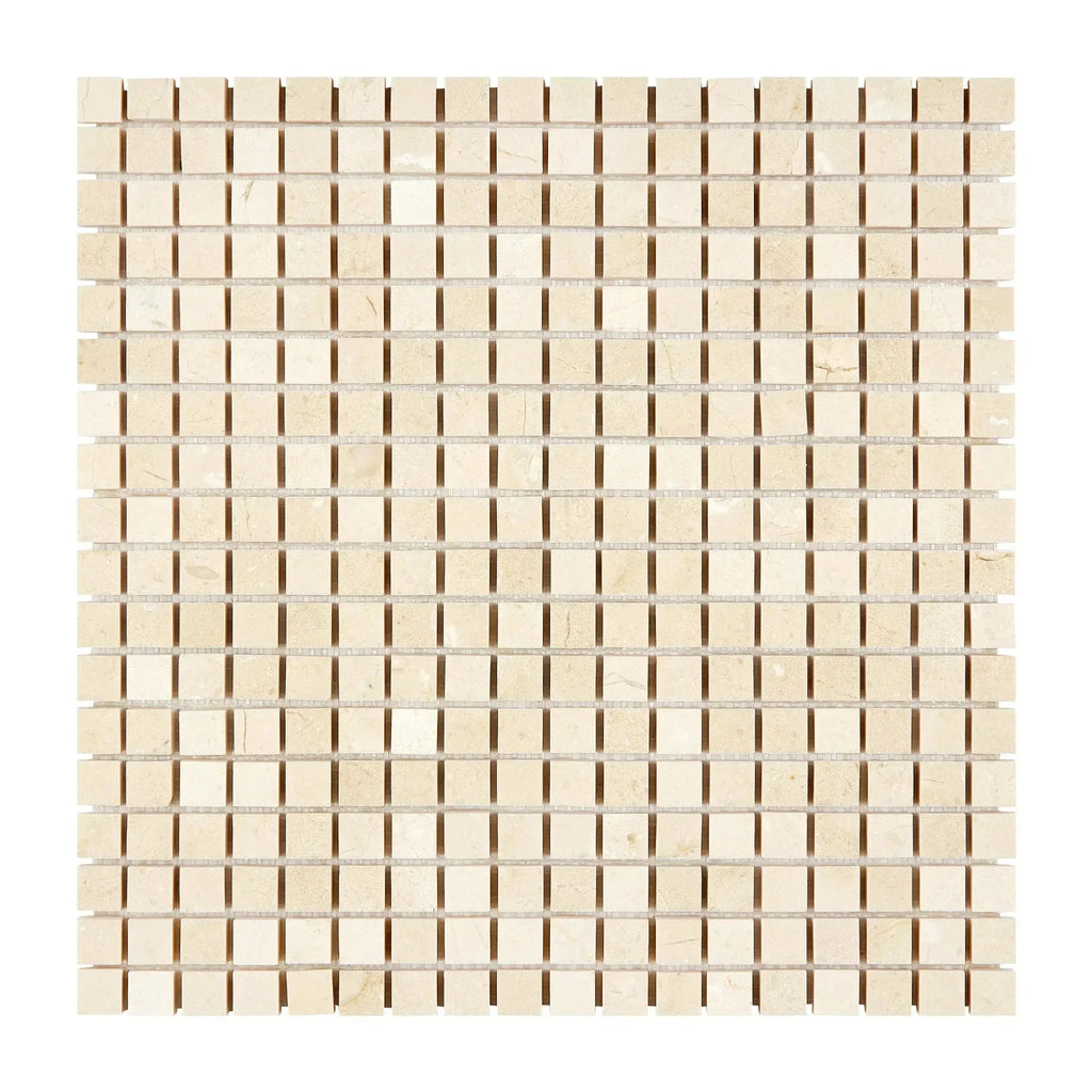 Beige square mosaic tiles in Crema Marfil Marble 5/8x5/8 polished or honed finish