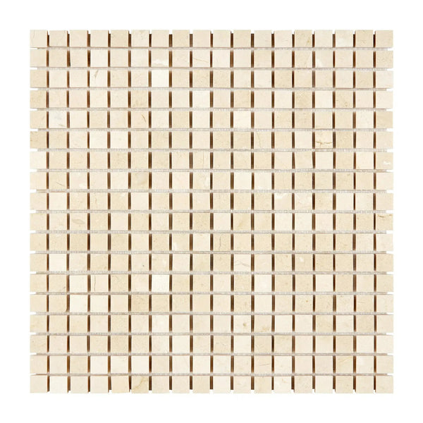 Beige square mosaic tiles in Crema Marfil Marble 5/8x5/8 polished or honed finish