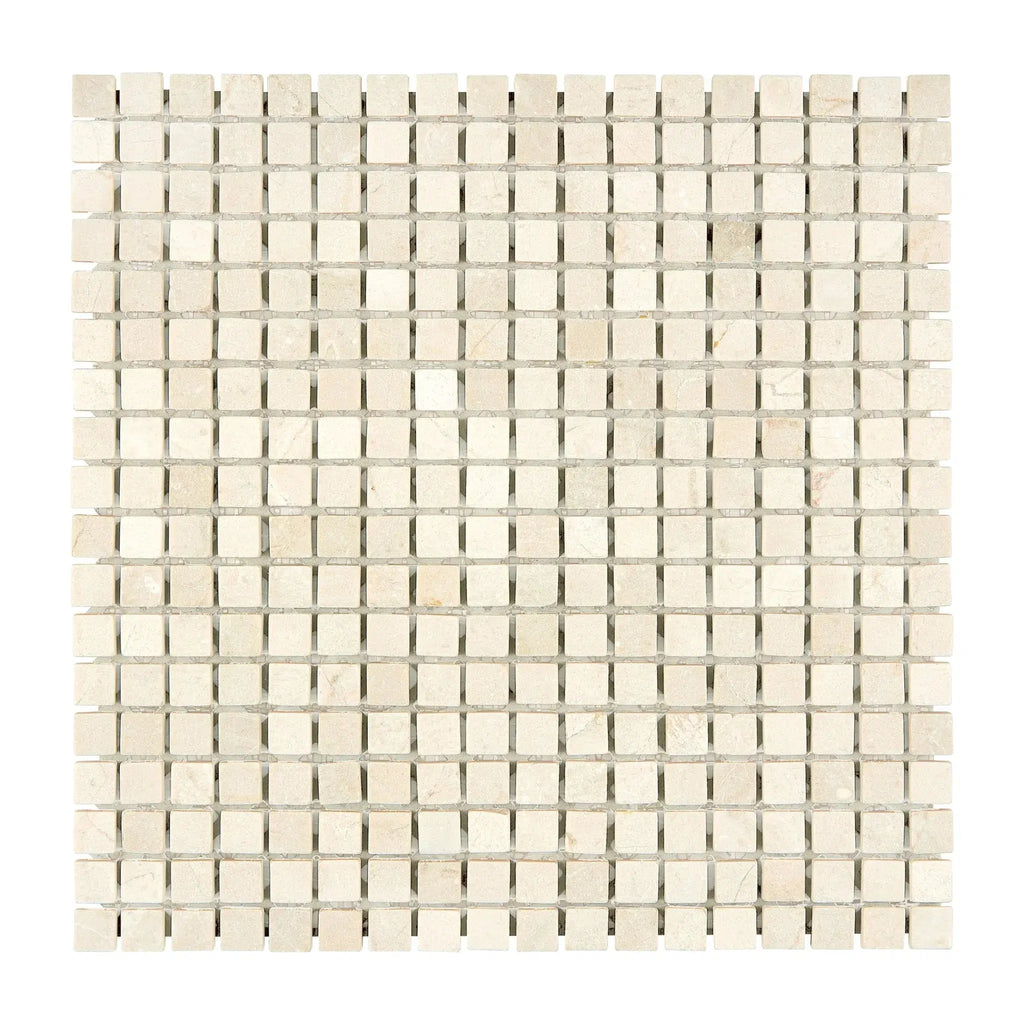 Square mosaic tile sheet of Crema Marfil Marble 5/8X5/8 Mosaic Tumbled