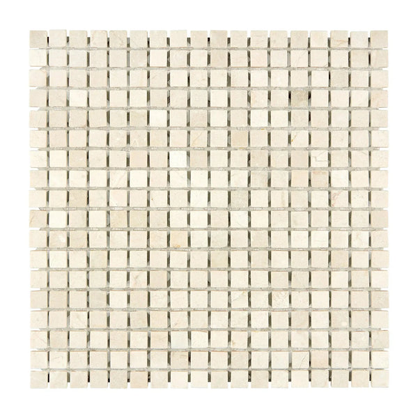 Square mosaic tile sheet of Crema Marfil Marble 5/8X5/8 Mosaic Tumbled