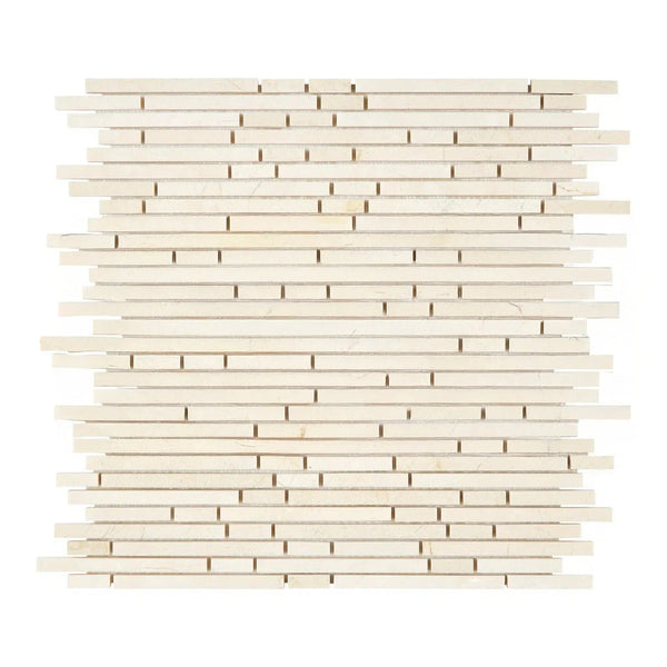 Beige mosaic tile sheet of Crema Marfil Marble Bamboo Sticks, polished finish