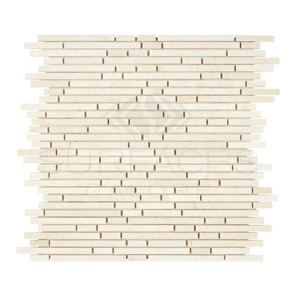 Beige mosaic tile sheet of Crema Marfil Marble Bamboo Sticks in polished finish