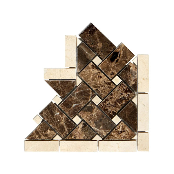 Brown and beige mosaic tile corner featuring Crema Marfil Marble Basketweave design