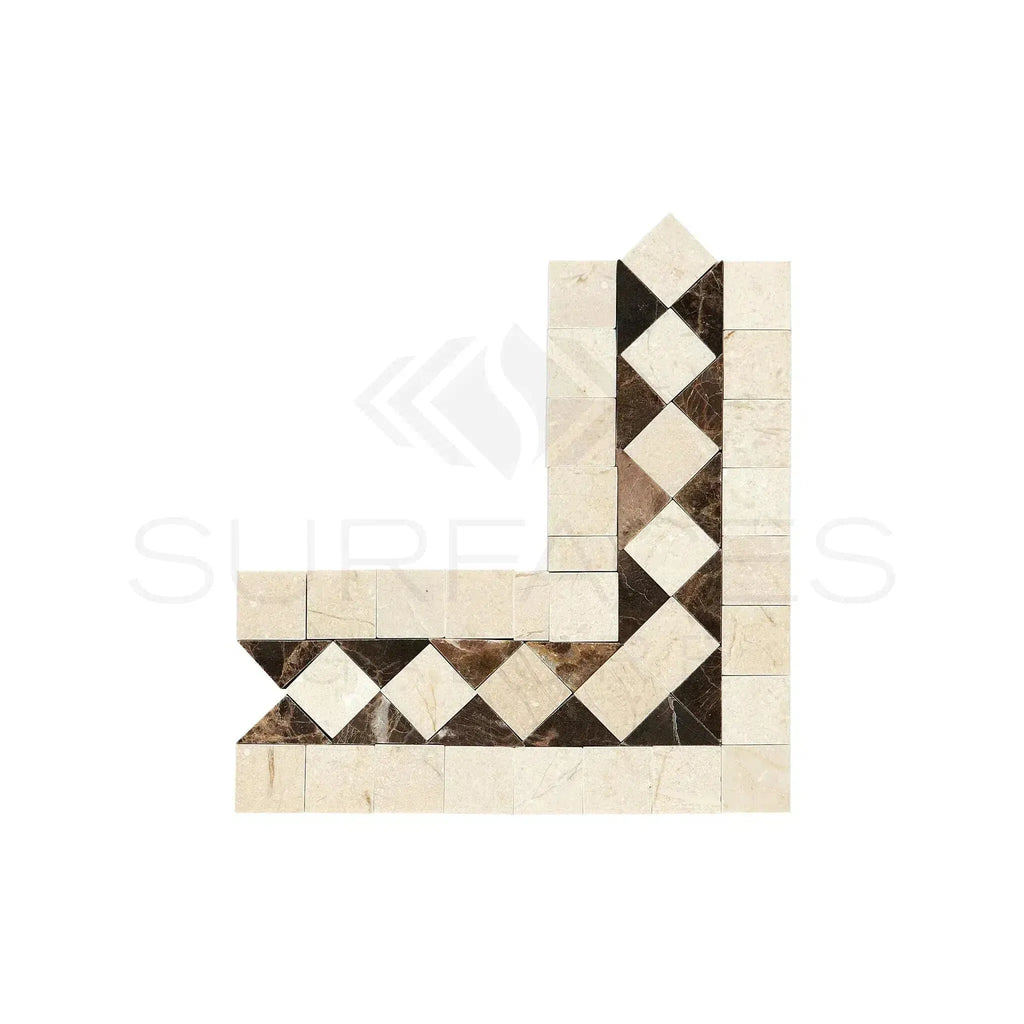 Crema Marfil Marble Bias Border Corner with Emp. Dark Dots Polished Mosaic Tile Design