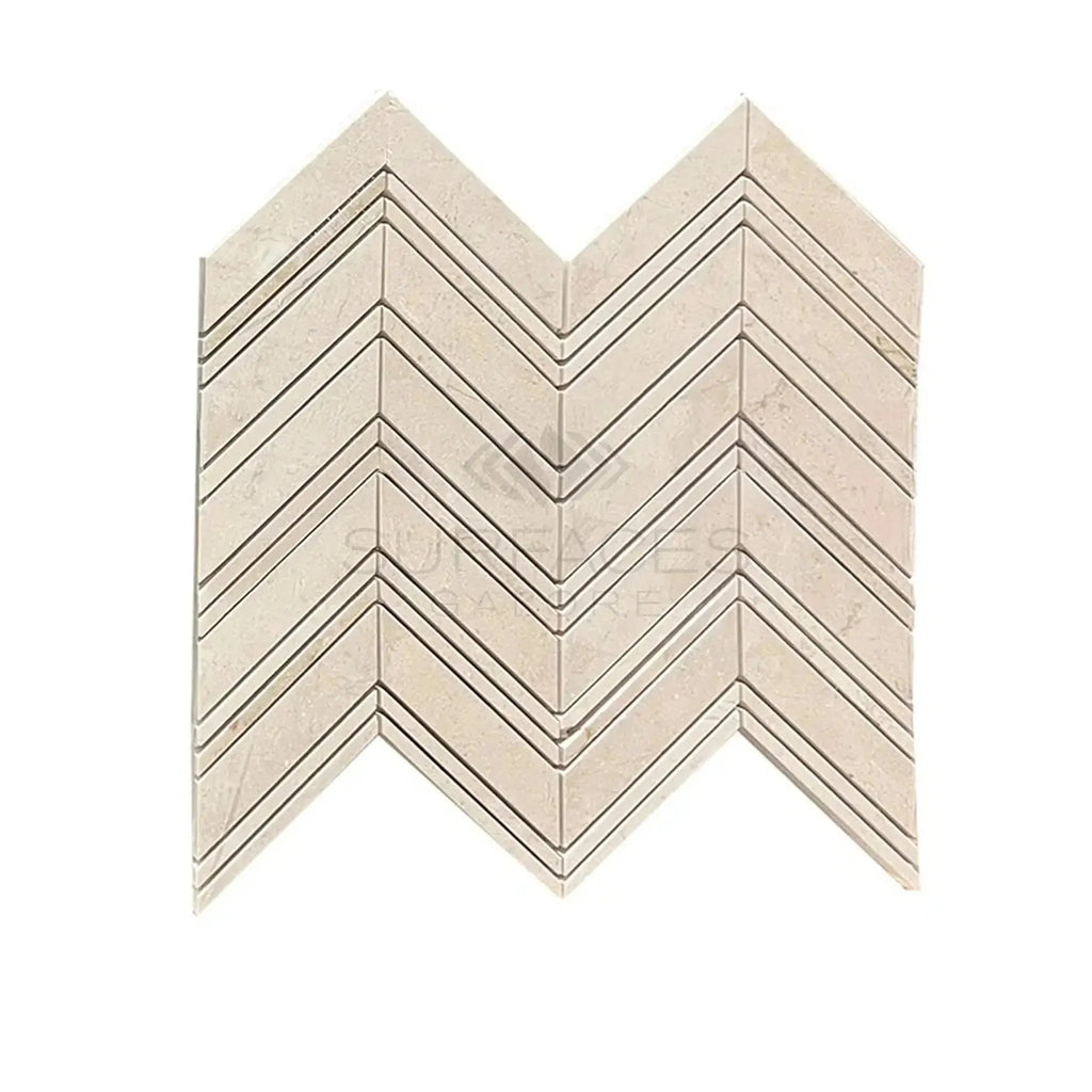 Crema Marfil Marble Chevron tile in polished finish showcasing elegant chevron pattern