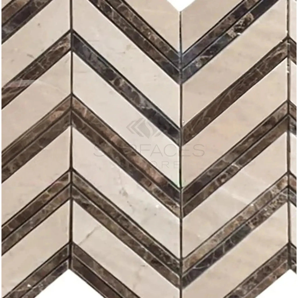 Crema Marfil Marble Chevron tile pattern in polished or honed finish with Emp. Dark accents