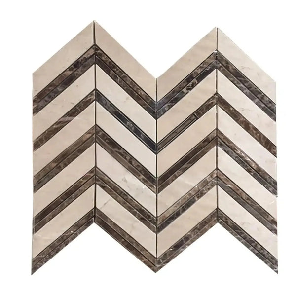 Chevron patterned Crema Marfil Marble tile in polished or honed finish, large format