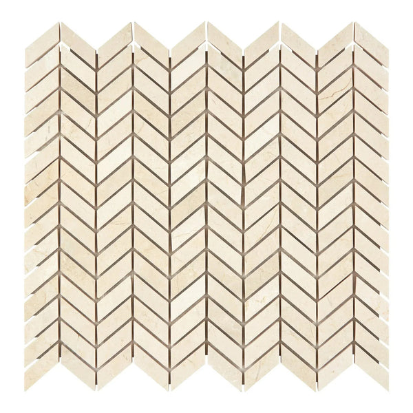 Beige Chevron Mosaic Tile in Crema Marfil Marble Chevron Mini Polished or Honed Design