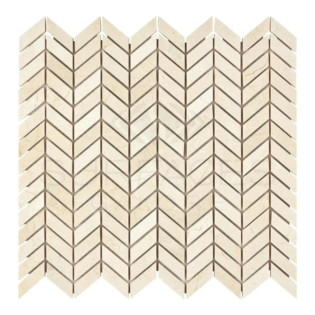 Beige Chevron Mosaic Tile in Crema Marfil Marble Chevron Mini Mosaic Polished or Honed