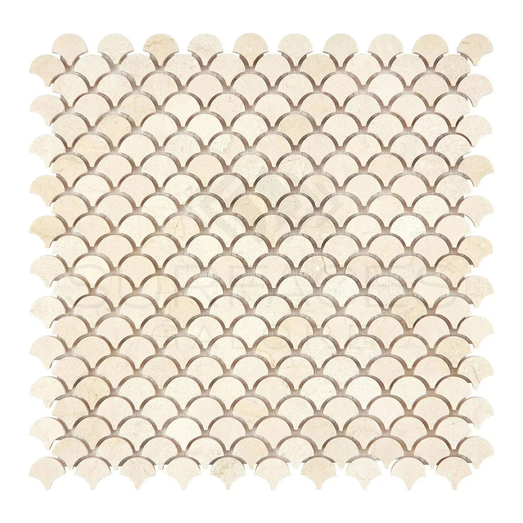 Beige scallop tile mosaic design in Crema Marfil Marble FAN Raindrop polished finish