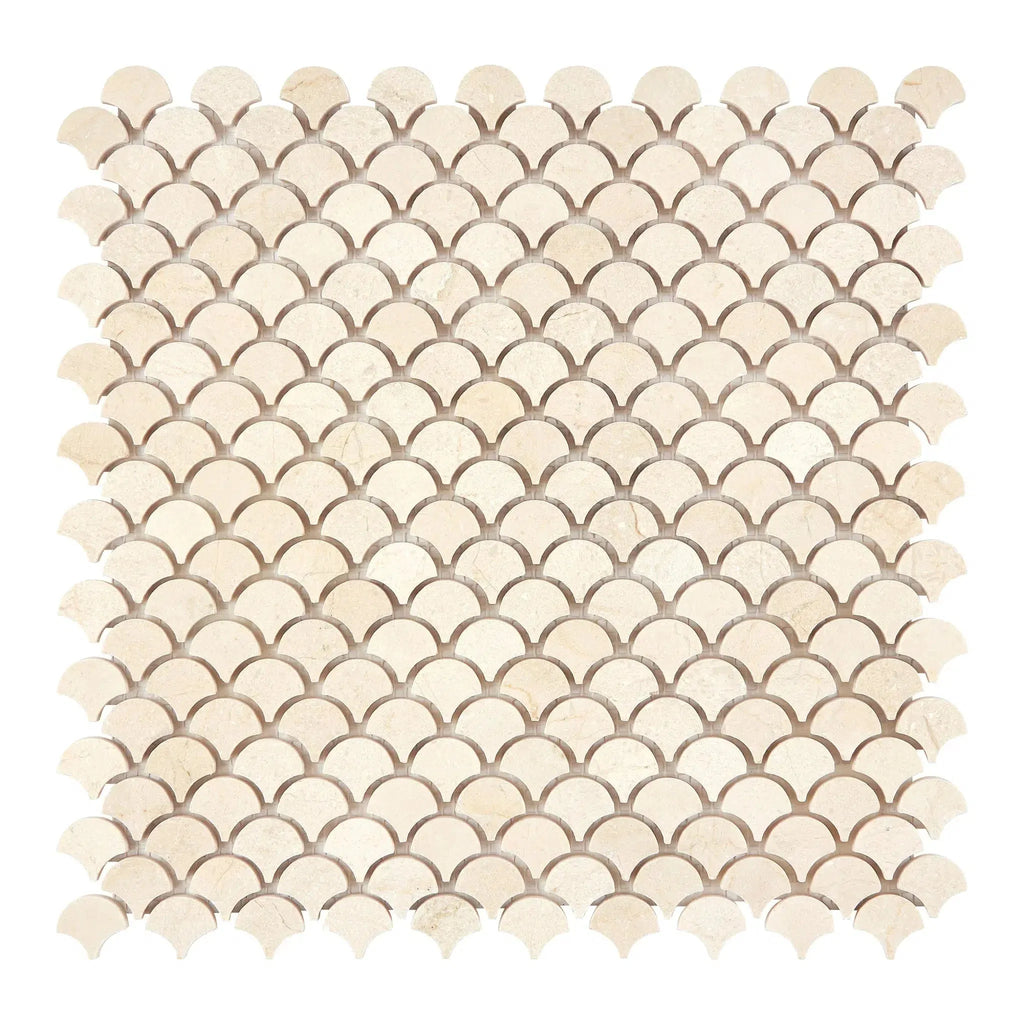 Beige scallop tile mosaic of Crema Marfil Marble FAN polished or honed finish