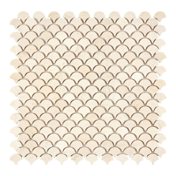 Beige scallop tile mosaic of Crema Marfil Marble FAN polished or honed finish