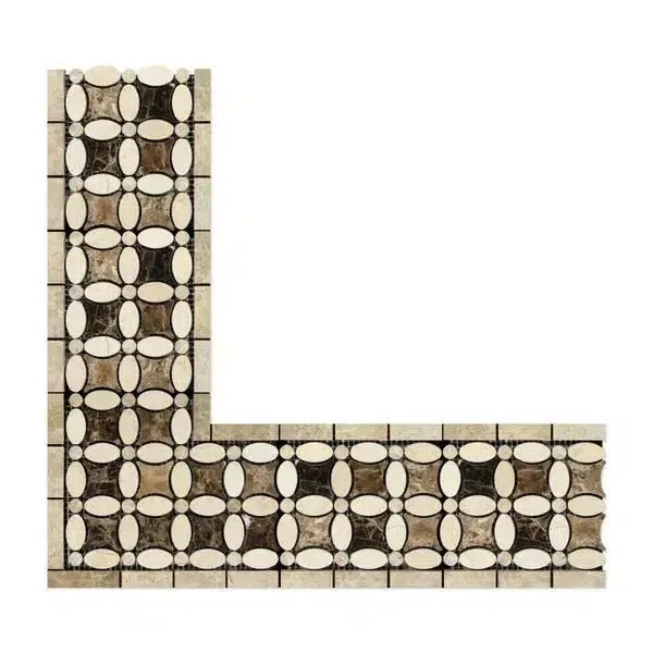 L-shaped decorative mosaic tile border in Crema Marfil Marble Florida Flower design