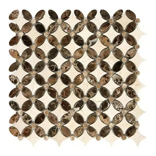 Brown and beige mosaic tile pattern for Crema Marfil Marble Florida Flower product